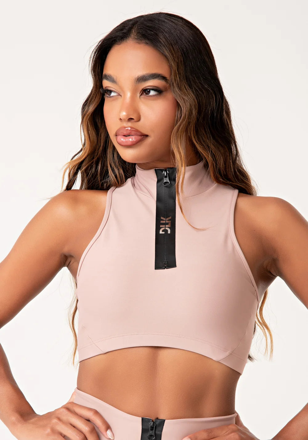Top fitness feminino preto com zíper emborrachado lush
